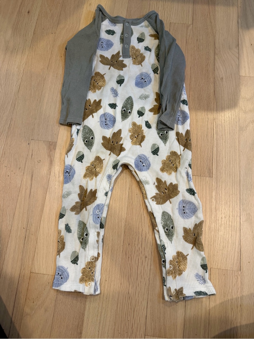 Angel Dear Cream Waffle-Knit Baby Romper with Sage Trim